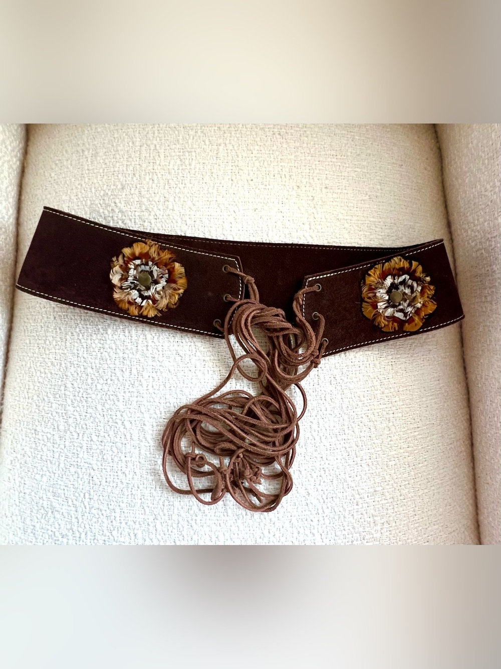 Brown Suede Lace-Up Belt with Feather Rosette Accents